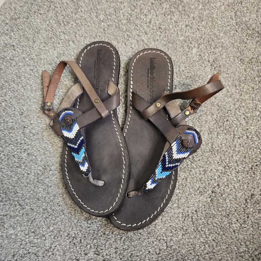 Laidback London Womens 41 Sz 10 Black Blue Beaded Leather Sandals
